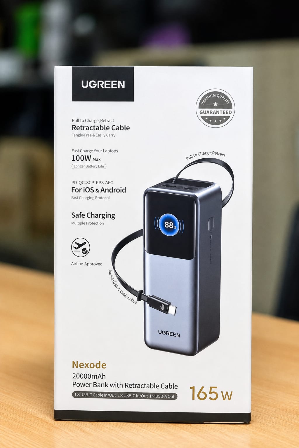 UGREEN PB726 20000MAH 165W LAPTOP PORTABLE POWER BANK WITH RETRACTABLE CABLE